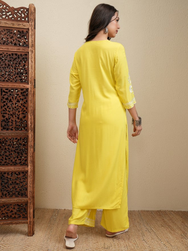 Vishudh Women Yellow Embroidered Kurta With Trouser And Dupatta - Yellow - Image 3