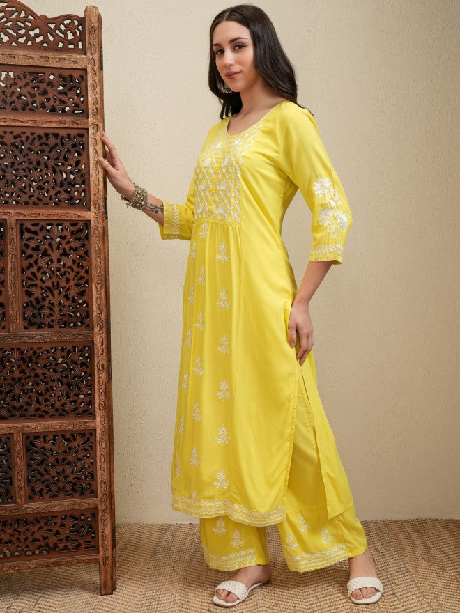 Vishudh Women Yellow Embroidered Kurta With Trouser And Dupatta - Yellow - Image 4