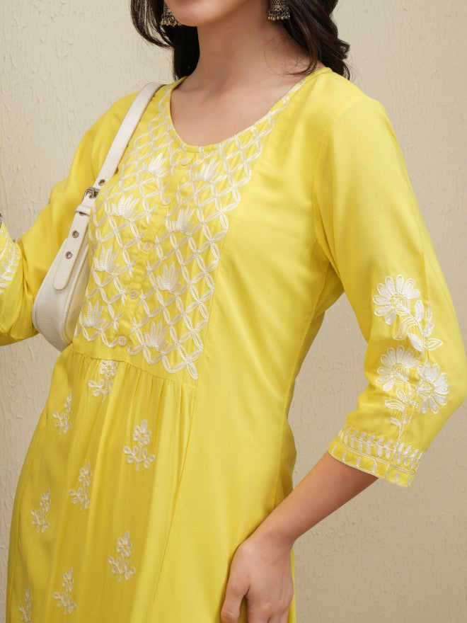 Vishudh Women Yellow Embroidered Kurta With Trouser And Dupatta - Yellow - Image 5