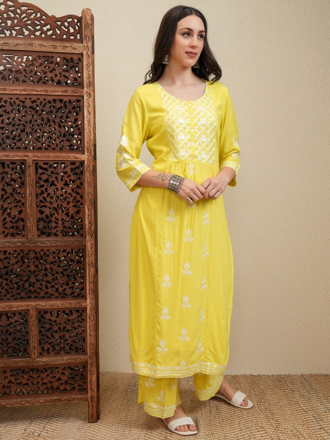 Vishudh Women Yellow Embroidered Kurta With Trouser And Dupatta - Yellow - Image 6