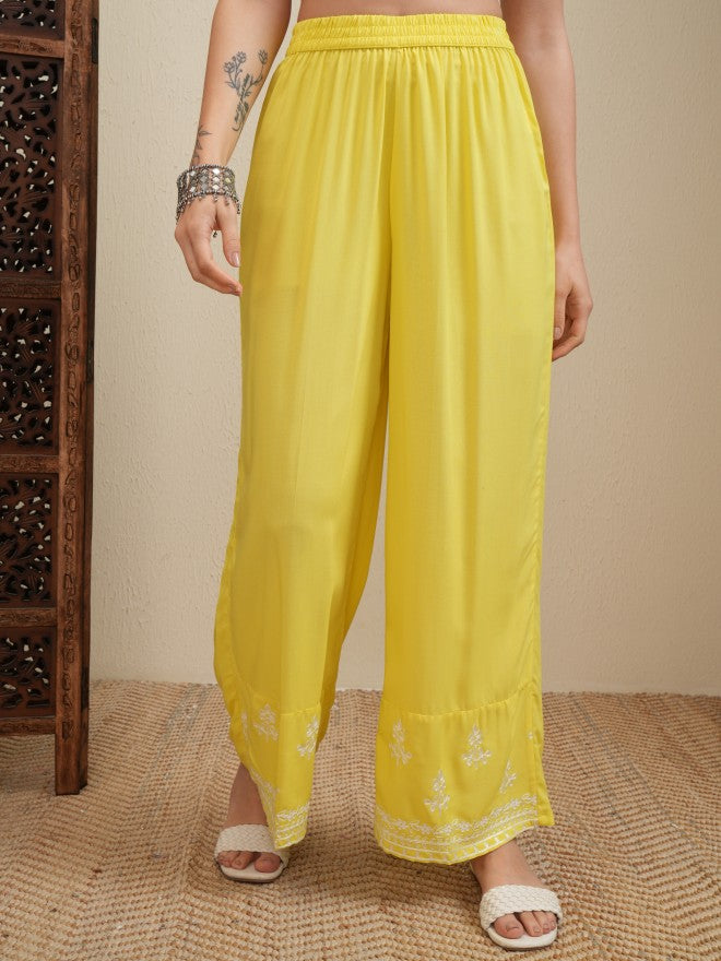 Vishudh Women Yellow Embroidered Kurta With Trouser And Dupatta - Yellow - Image 7