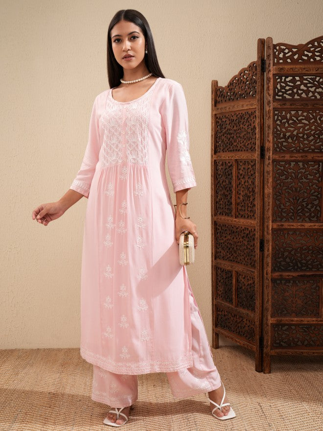 Vishudh Women Pink Embroidered Kurta With Palazzo - Pink - Image 2