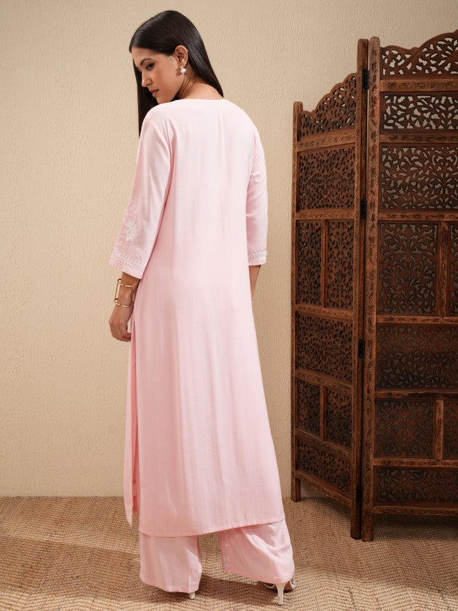 Vishudh Women Pink Embroidered Kurta With Palazzo - Pink - Image 3