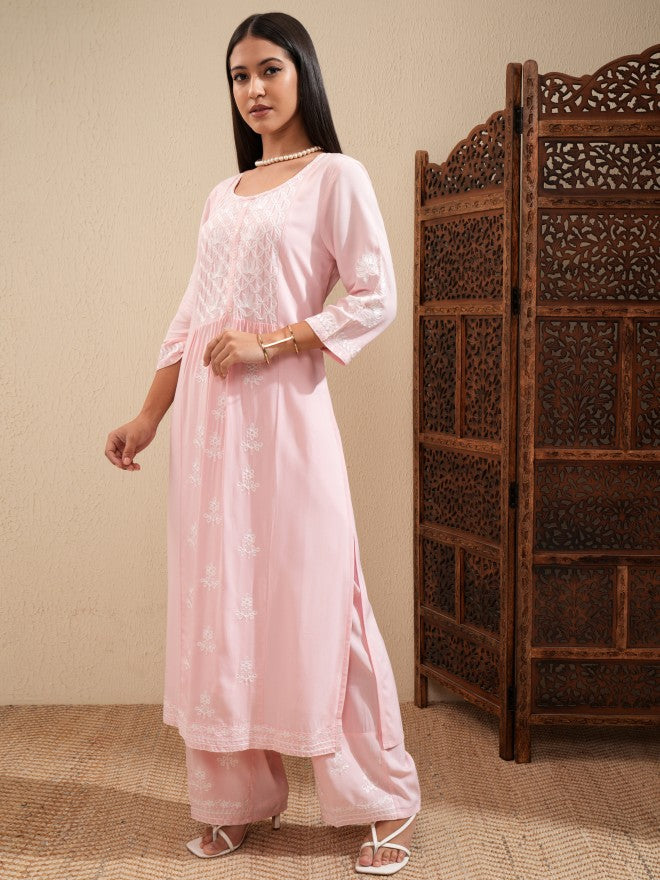 Vishudh Women Pink Embroidered Kurta With Palazzo - Pink - Image 4