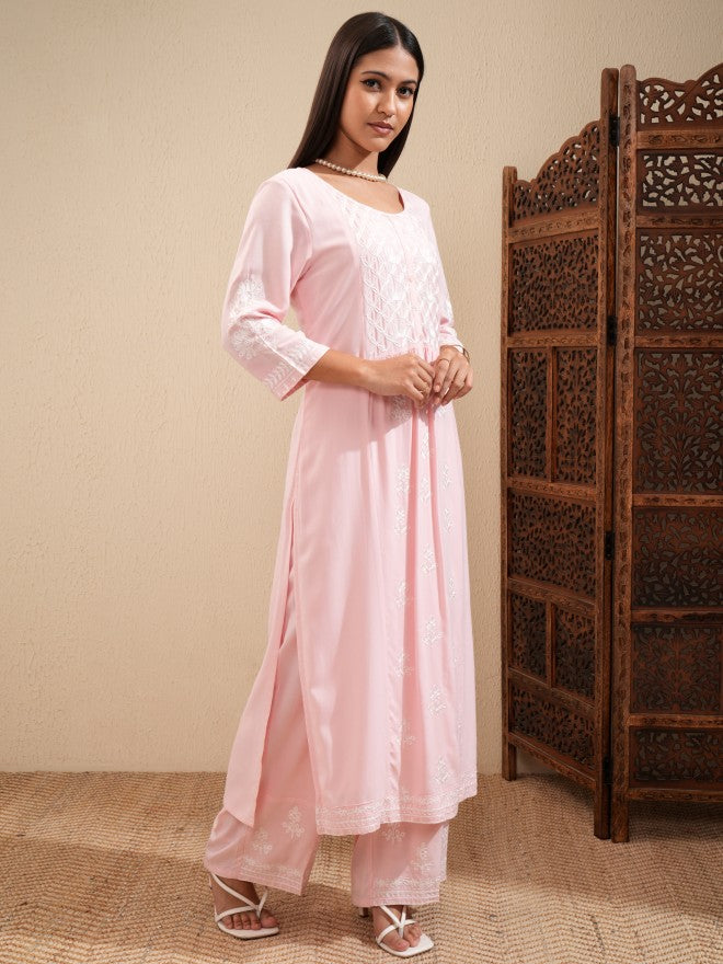 Vishudh Women Pink Embroidered Kurta With Palazzo - Pink - Image 6