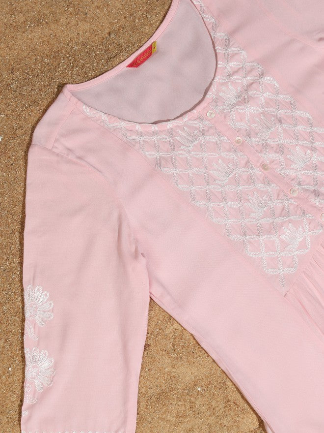 Vishudh Women Pink Embroidered Kurta With Palazzo - Pink - Image 9