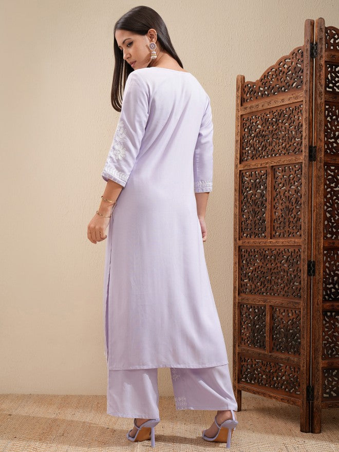 Vishudh Women Lavender Embroidered Kurta With Palazzo - Lavender - Image 3