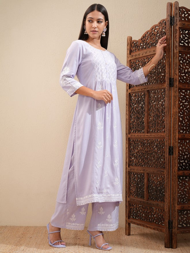 Vishudh Women Lavender Embroidered Kurta With Palazzo - Lavender - Image 6