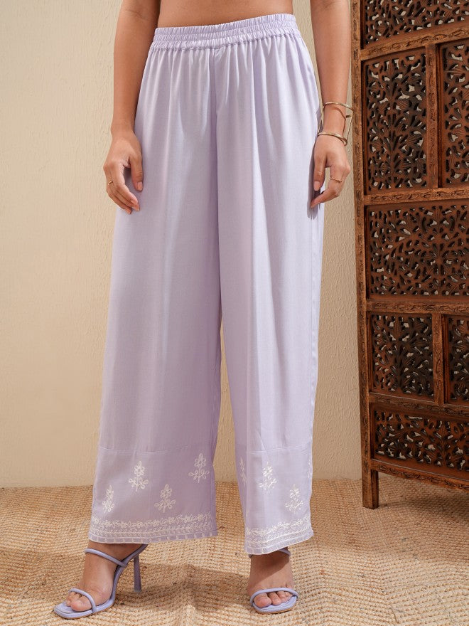 Vishudh Women Lavender Embroidered Kurta With Palazzo - Lavender - Image 7