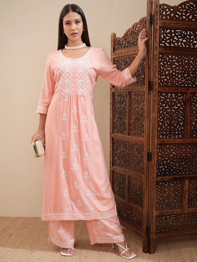 Vishudh Women Peach Embroidered Kurta With Palazzo - Peach - Image 2