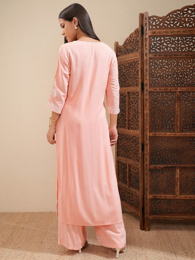 Vishudh Women Peach Embroidered Kurta With Palazzo - Peach - Image 3