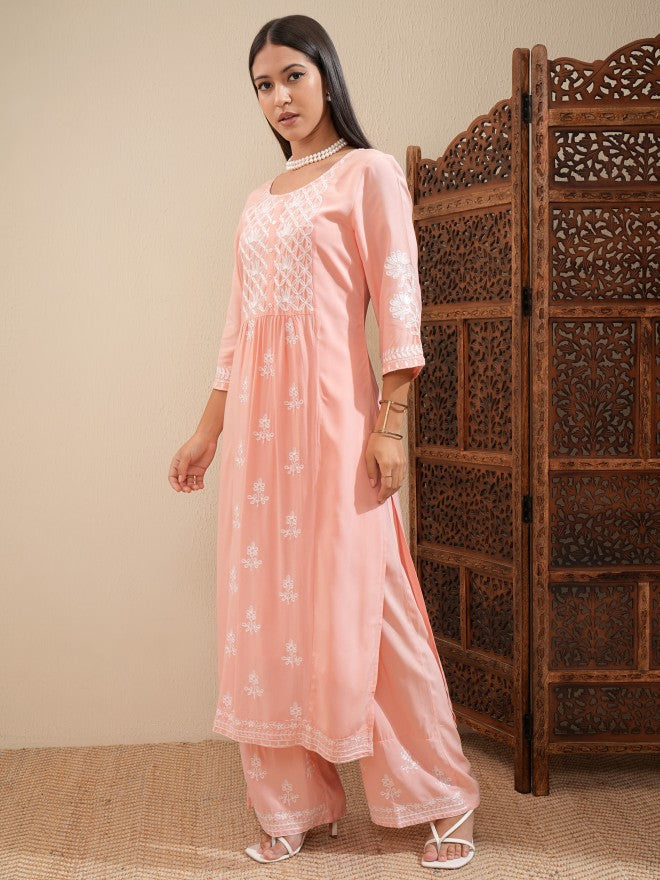 Vishudh Women Peach Embroidered Kurta With Palazzo - Peach - Image 4