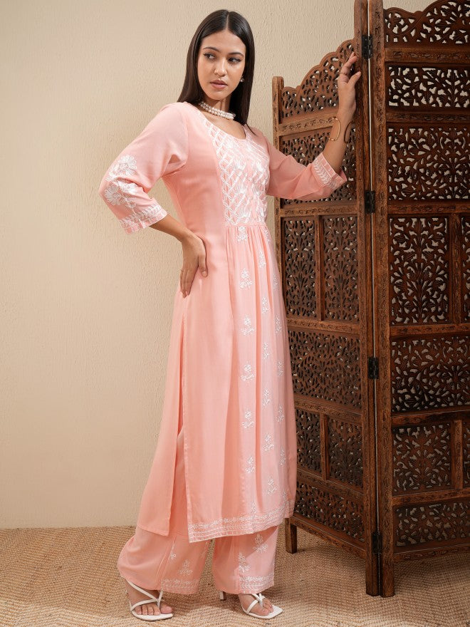 Vishudh Women Peach Embroidered Kurta With Palazzo - Peach - Image 6