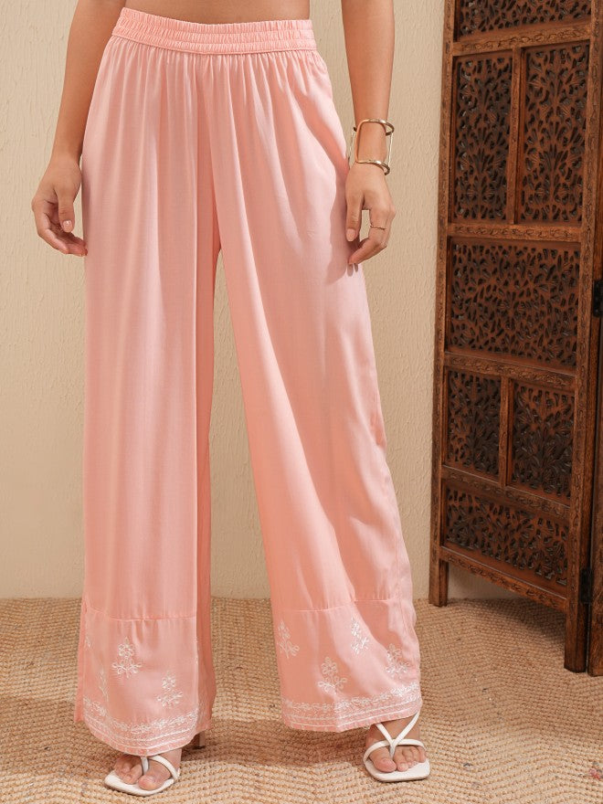 Vishudh Women Peach Embroidered Kurta With Palazzo - Peach - Image 7
