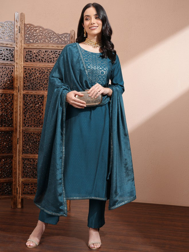 Vishudh Women Teal Embroidered Kurta With Trousers And Dupatta - Teal - Image 1