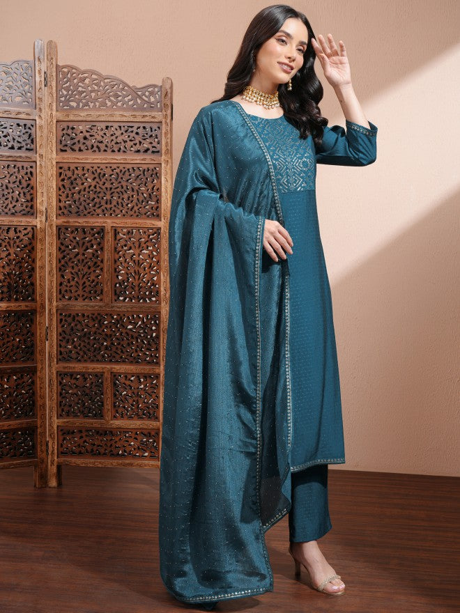 Vishudh Women Teal Embroidered Kurta With Trousers And Dupatta - Teal - Image 2