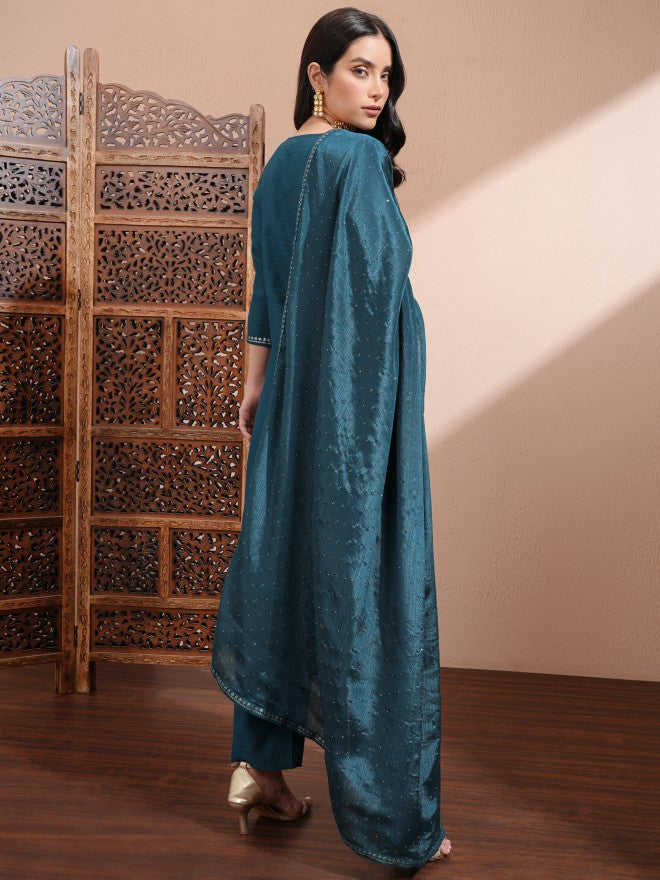 Vishudh Women Teal Embroidered Kurta With Trousers And Dupatta - Teal - Image 3