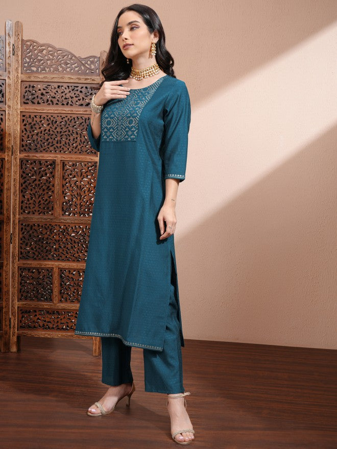 Vishudh Women Teal Embroidered Kurta With Trousers And Dupatta - Teal - Image 4