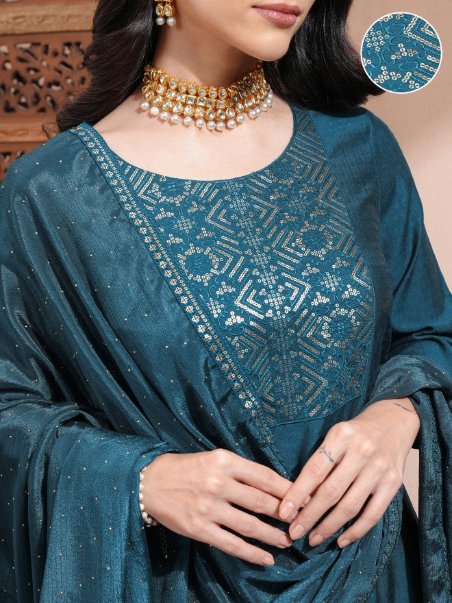 Vishudh Women Teal Embroidered Kurta With Trousers And Dupatta - Teal - Image 5