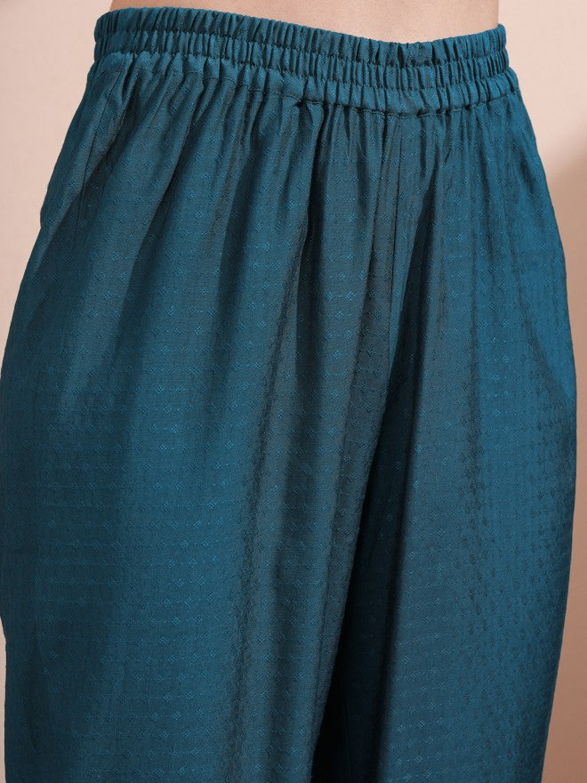 Vishudh Women Teal Embroidered Kurta With Trousers And Dupatta - Teal - Image 6