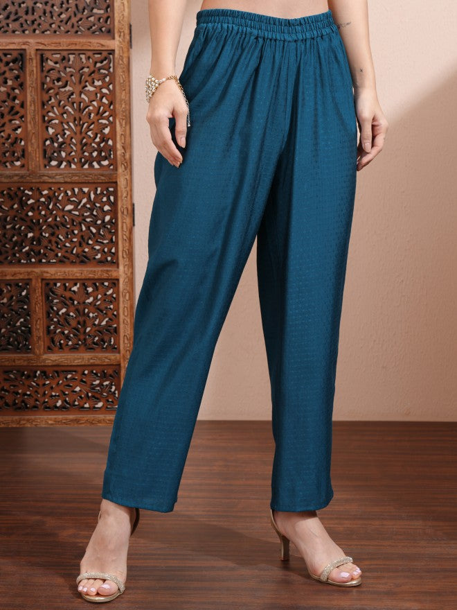 Vishudh Women Teal Embroidered Kurta With Trousers And Dupatta - Teal - Image 7