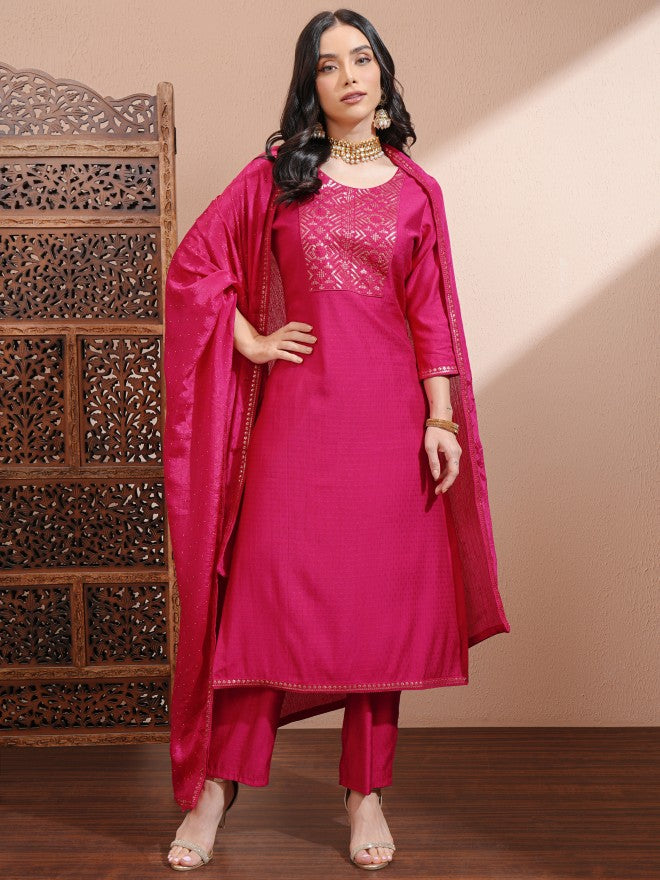 Vishudh Women Pink Embroidered Kurta With Trousers And Dupatta - Pink - Image 1