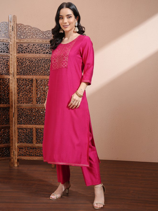 Vishudh Women Pink Embroidered Kurta With Trousers And Dupatta - Pink - Image 2