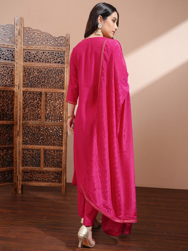 Vishudh Women Pink Embroidered Kurta With Trousers And Dupatta - Pink - Image 3