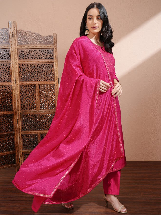 Vishudh Women Pink Embroidered Kurta With Trousers And Dupatta - Pink - Image 4
