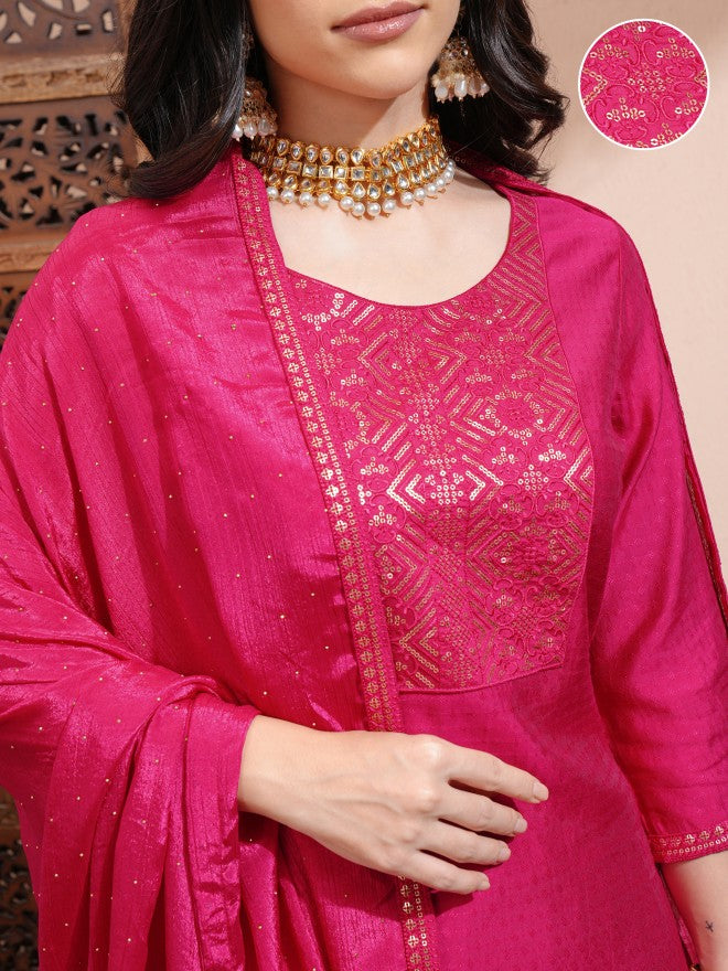 Vishudh Women Pink Embroidered Kurta With Trousers And Dupatta - Pink - Image 5