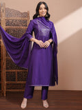 Vishudh Women Purple Embroidered Kurta With Trousers And Dupatta - Purple - Image 1
