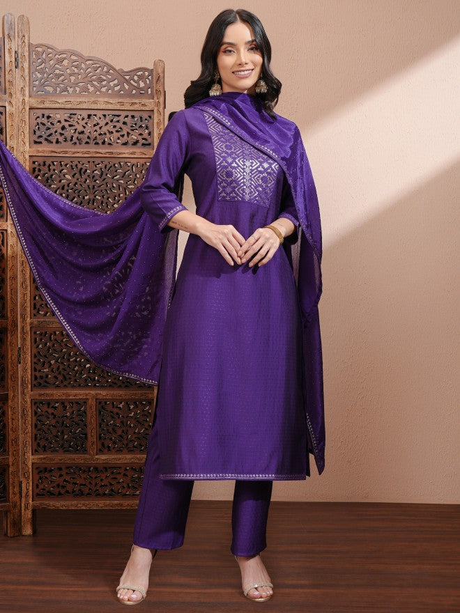 Vishudh Women Purple Embroidered Kurta With Trousers And Dupatta - Purple - Image 1