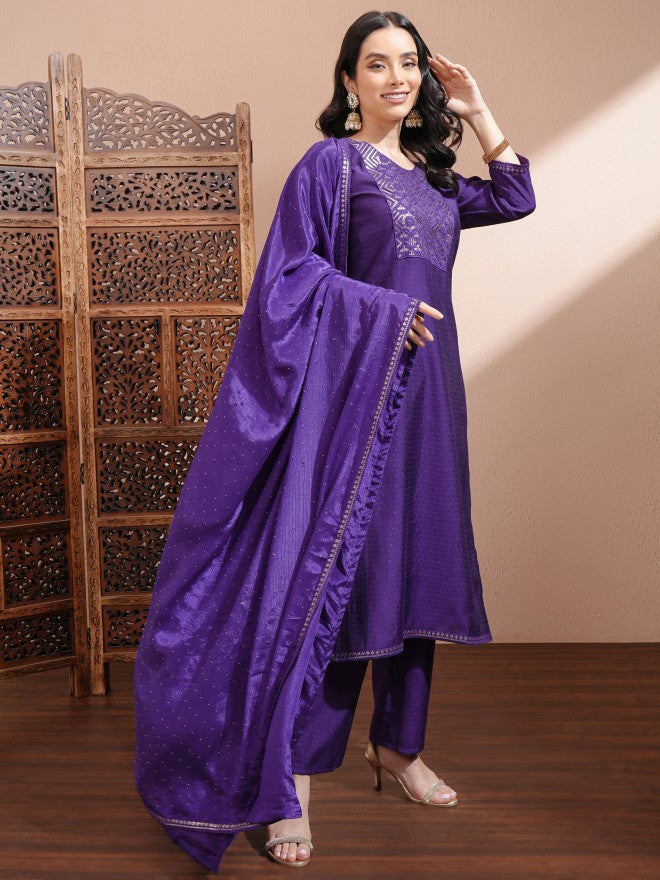 Vishudh Women Purple Embroidered Kurta With Trousers And Dupatta - Purple - Image 2