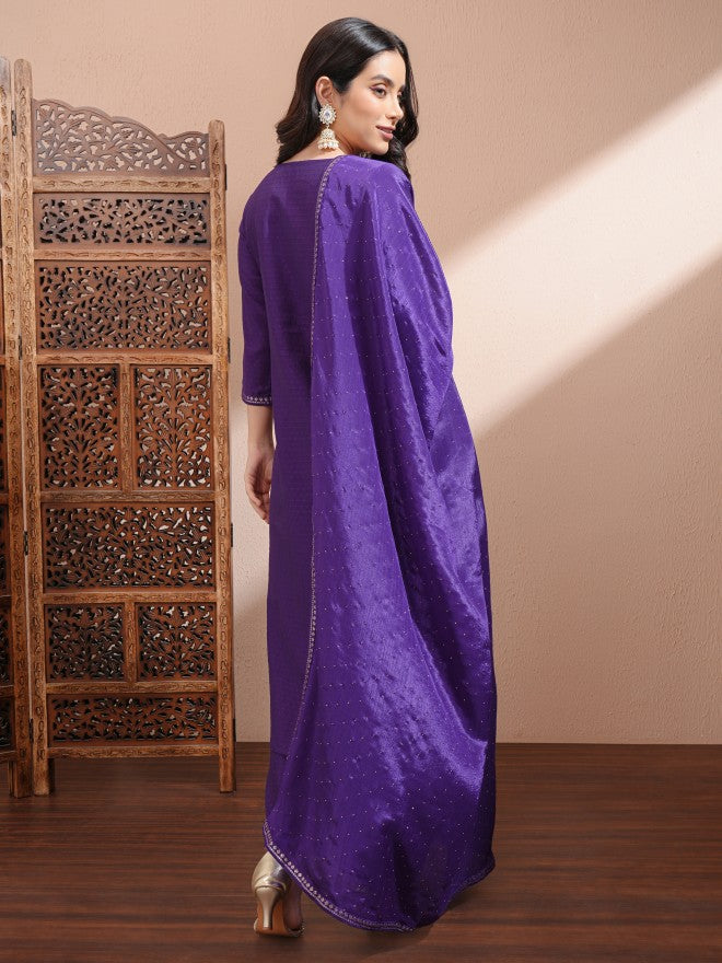 Vishudh Women Purple Embroidered Kurta With Trousers And Dupatta - Purple - Image 3