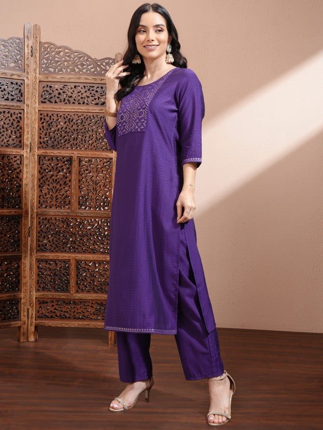 Vishudh Women Purple Embroidered Kurta With Trousers And Dupatta - Purple - Image 4
