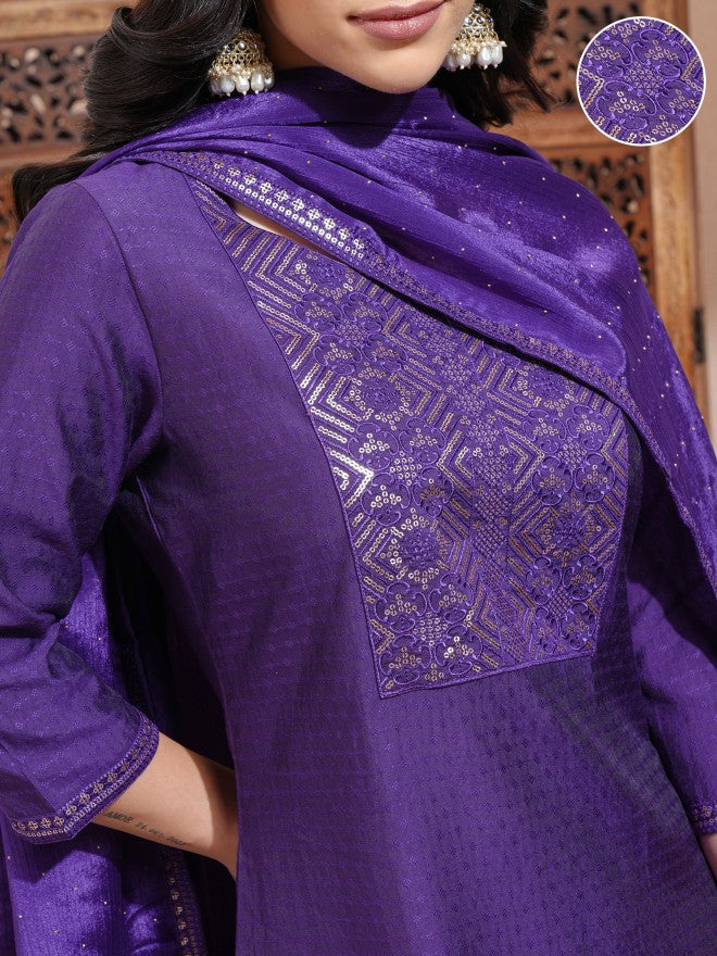 Vishudh Women Purple Embroidered Kurta With Trousers And Dupatta - Purple - Image 5