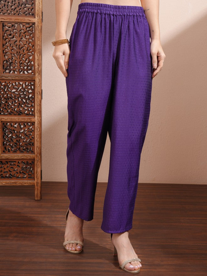 Vishudh Women Purple Embroidered Kurta With Trousers And Dupatta - Purple - Image 6