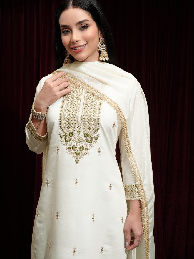 Vishudh Women Off White Kurta With Palazzos And Dupatta - Off White - Image 1