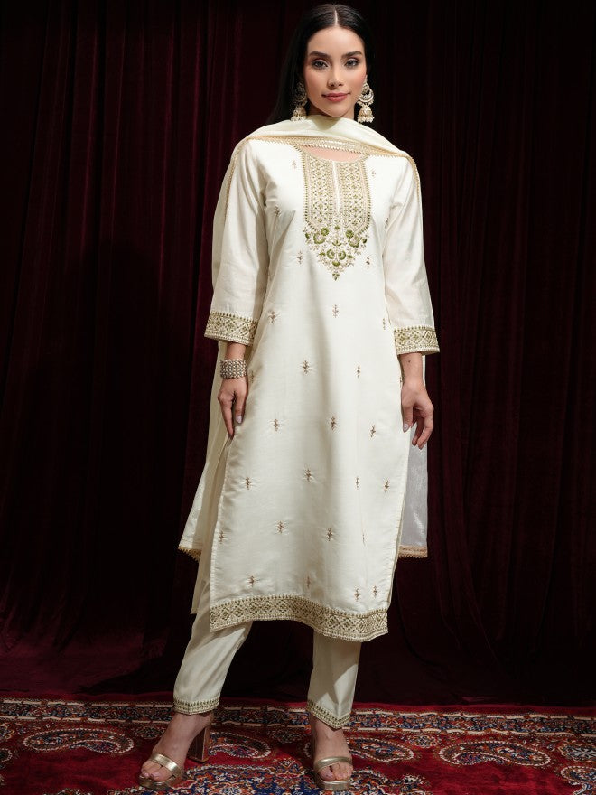 Vishudh Women Off White Kurta With Palazzos And Dupatta - Off White - Image 2