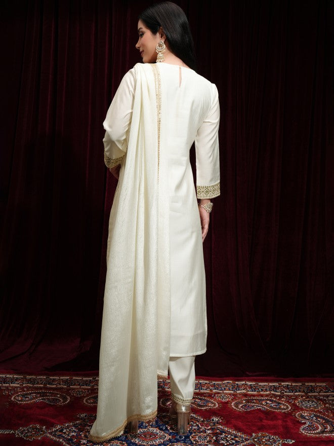 Vishudh Women Off White Kurta With Palazzos And Dupatta - Off White - Image 3