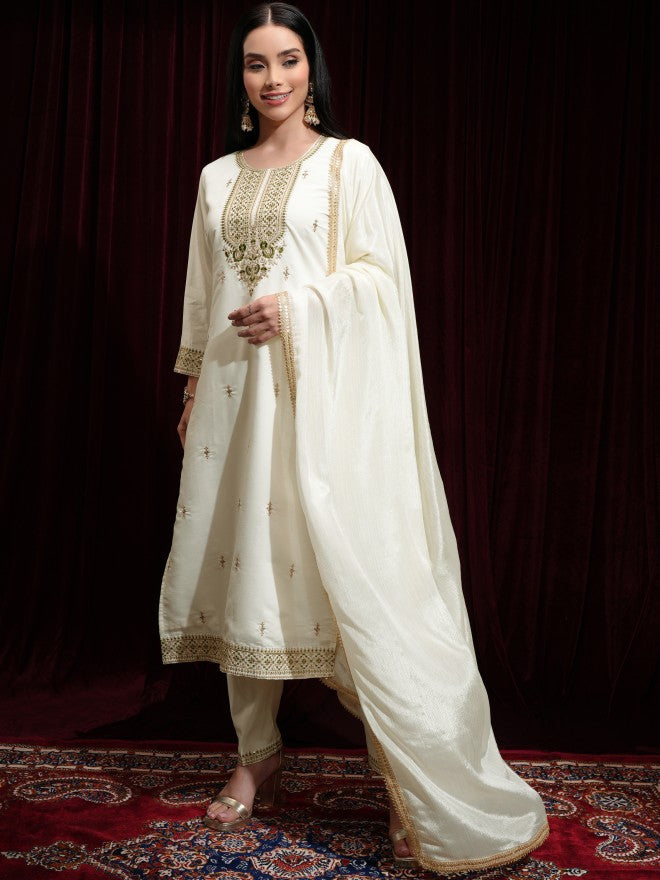Vishudh Women Off White Kurta With Palazzos And Dupatta - Off White - Image 4
