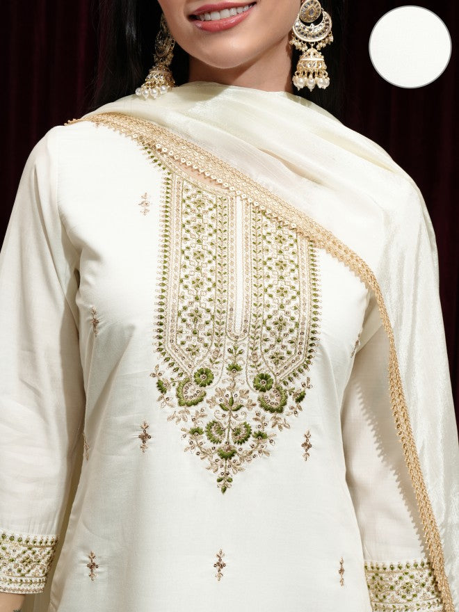 Vishudh Women Off White Kurta With Palazzos And Dupatta - Off White - Image 5