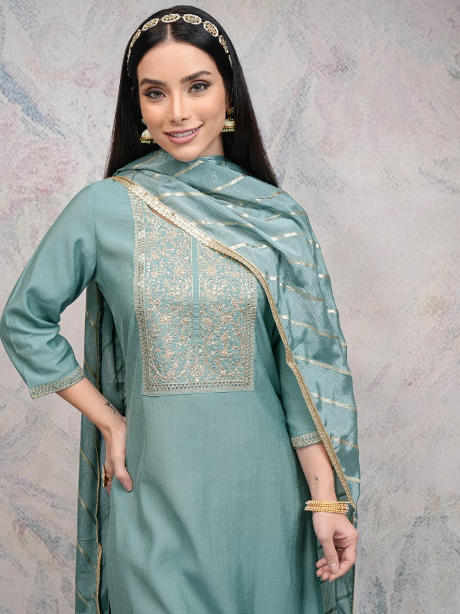 Vishudh Women Sea Green Embroidered Kurta With Palazzos And Dupatta - Sea Green - Image 1