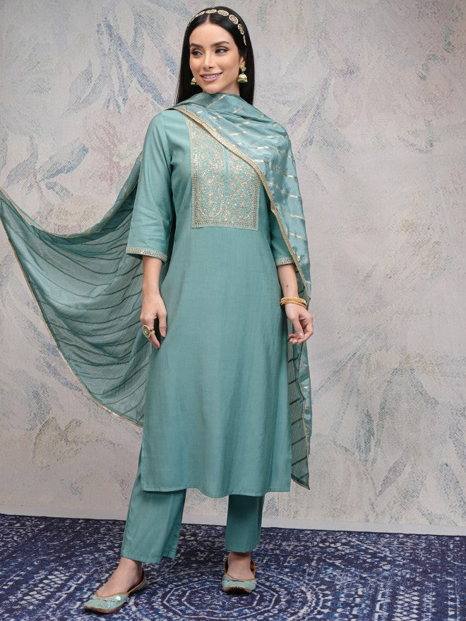 Vishudh Women Sea Green Embroidered Kurta With Palazzos And Dupatta - Sea Green - Image 2