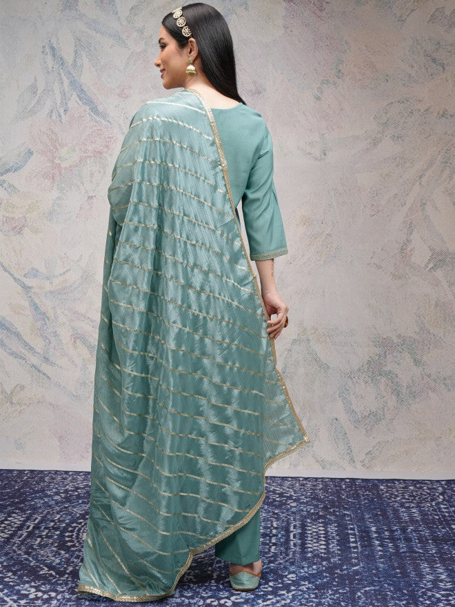 Vishudh Women Sea Green Embroidered Kurta With Palazzos And Dupatta - Sea Green - Image 3