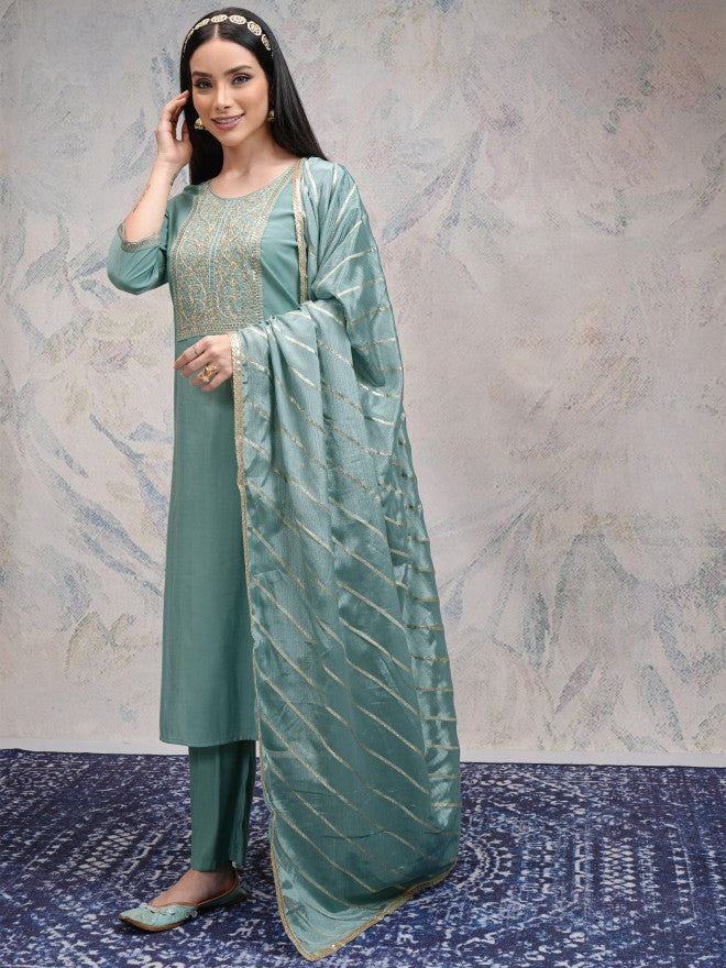 Vishudh Women Sea Green Embroidered Kurta With Palazzos And Dupatta - Sea Green - Image 4