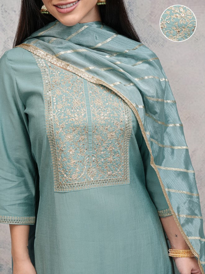 Vishudh Women Sea Green Embroidered Kurta With Palazzos And Dupatta - Sea Green - Image 5
