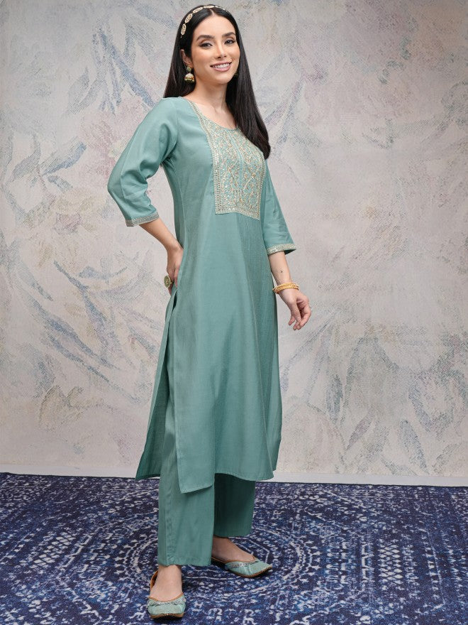 Vishudh Women Sea Green Embroidered Kurta With Palazzos And Dupatta - Sea Green - Image 6