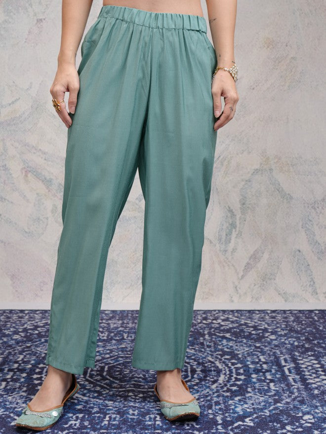 Vishudh Women Sea Green Embroidered Kurta With Palazzos And Dupatta - Sea Green - Image 7
