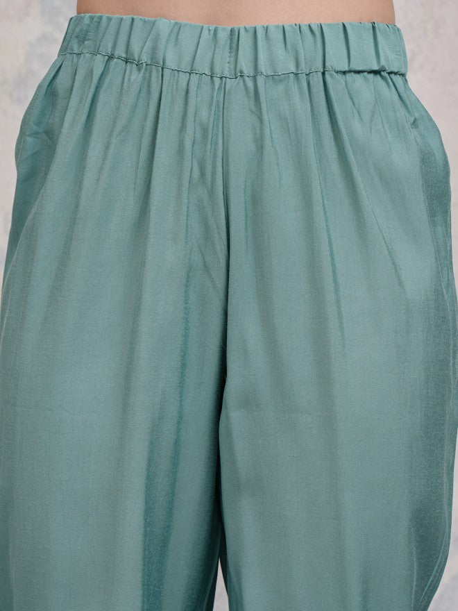 Vishudh Women Sea Green Embroidered Kurta With Palazzos And Dupatta - Sea Green - Image 8